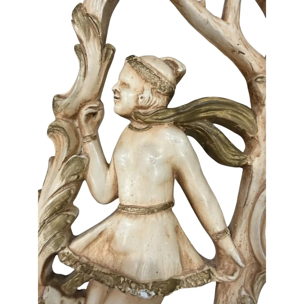 Vintage 70s Art Nouveau Wall Plaques Summer Winter Ivory Gold Plaster Panel Set